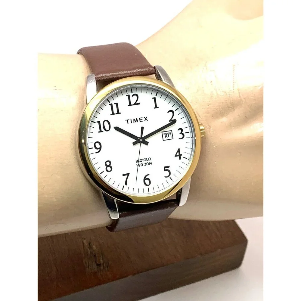 Timex Men's Watch TW2W52100 Quartz Indiglo White Dial Date Brown Leather 40mm
